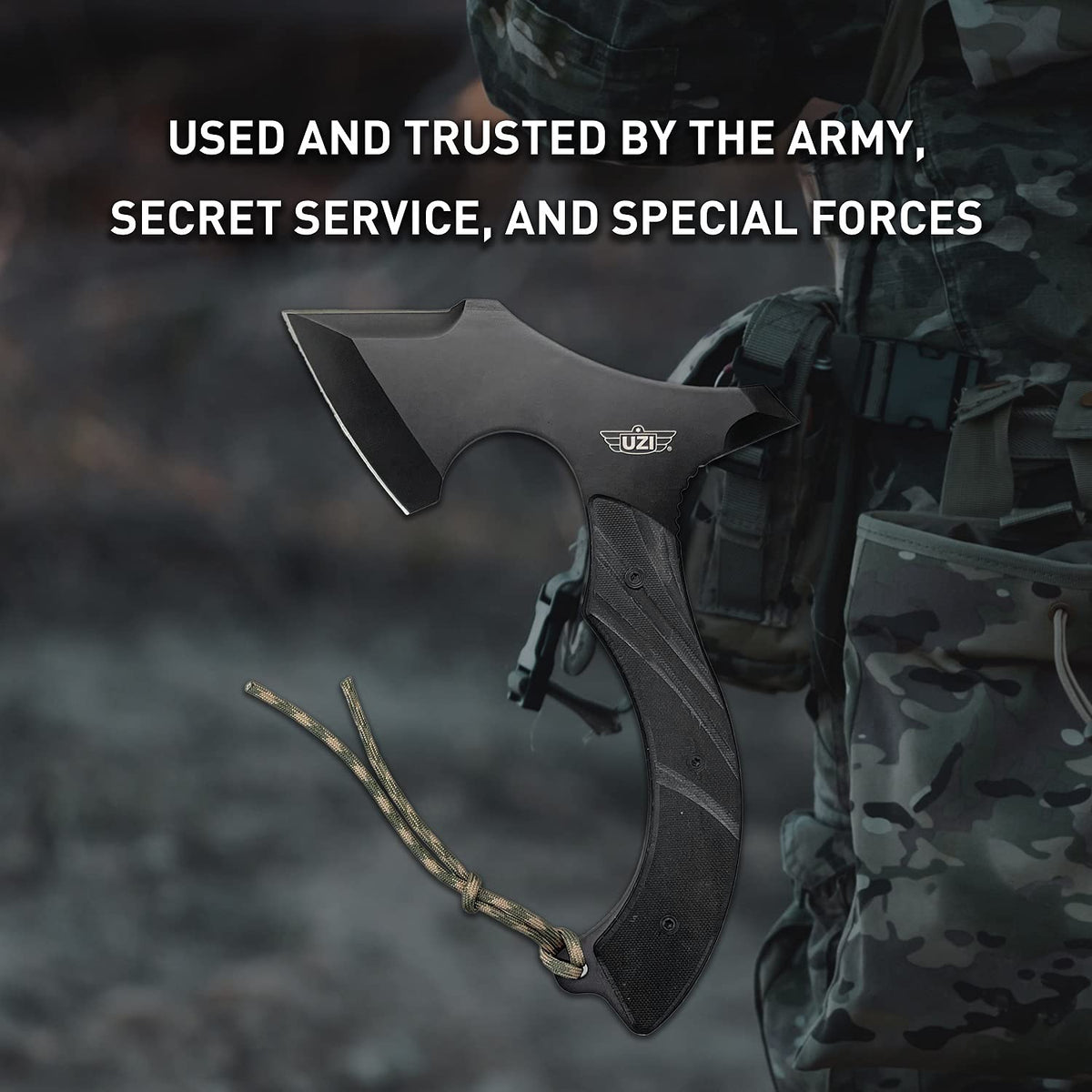 Uzi UZK-Axe-2 Masada Axe with 7-Inch Blade Reinforced Striker Tip, Full Tang, G10 Handle, Tactical Throwing, Chopping Axe for Outdoor, Hiking, Camping, Black Stainless Steel, Double Edged
