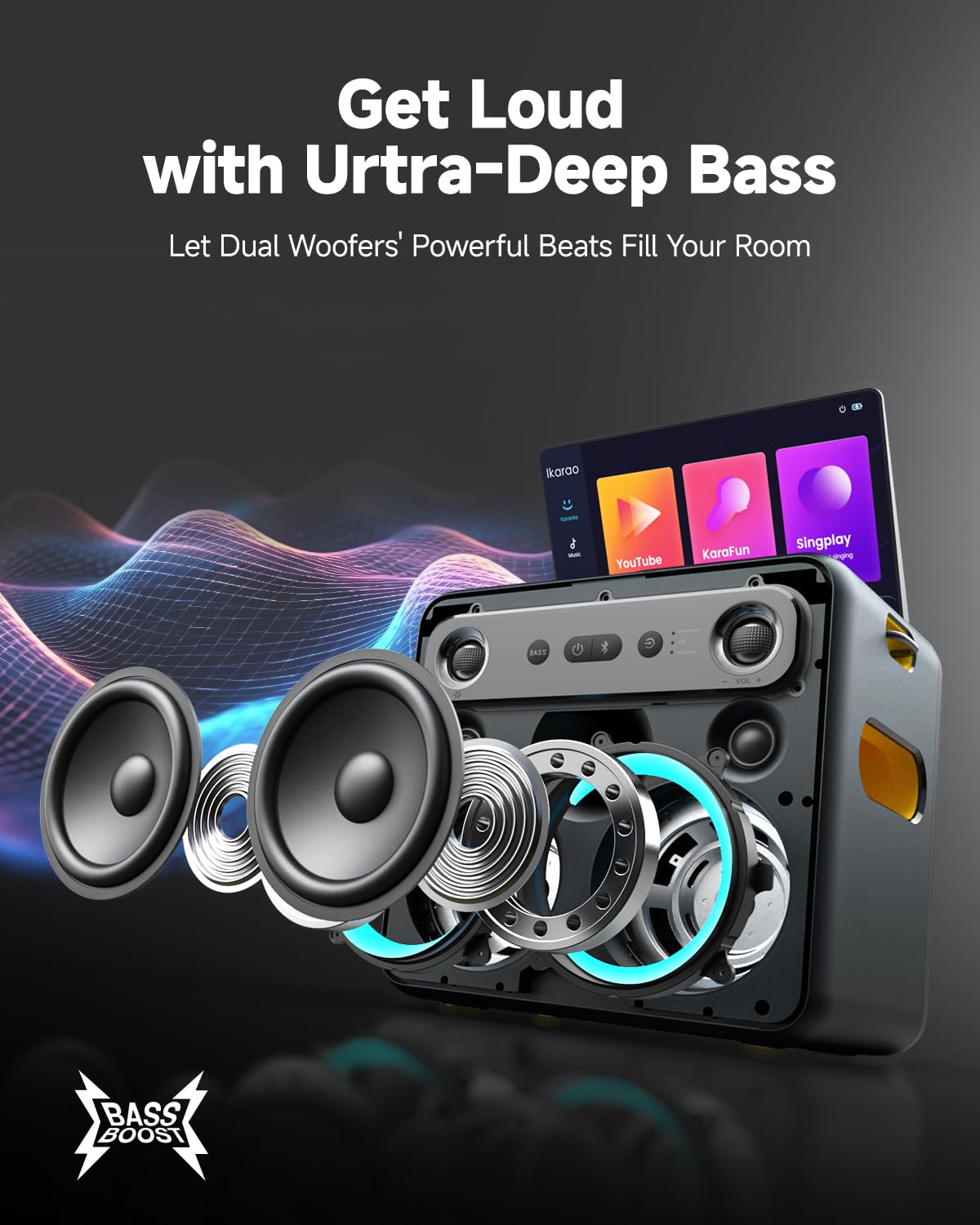 Ikarao Smart Karaoke Machine for Adults - with Lyrics Display, 64GB Karaoke Tablet, 2 Wireless Mics, Professional Karaoke System, 300W Peak Power, 4 DJ Lights, Karaoke Speaker for Any Occasion