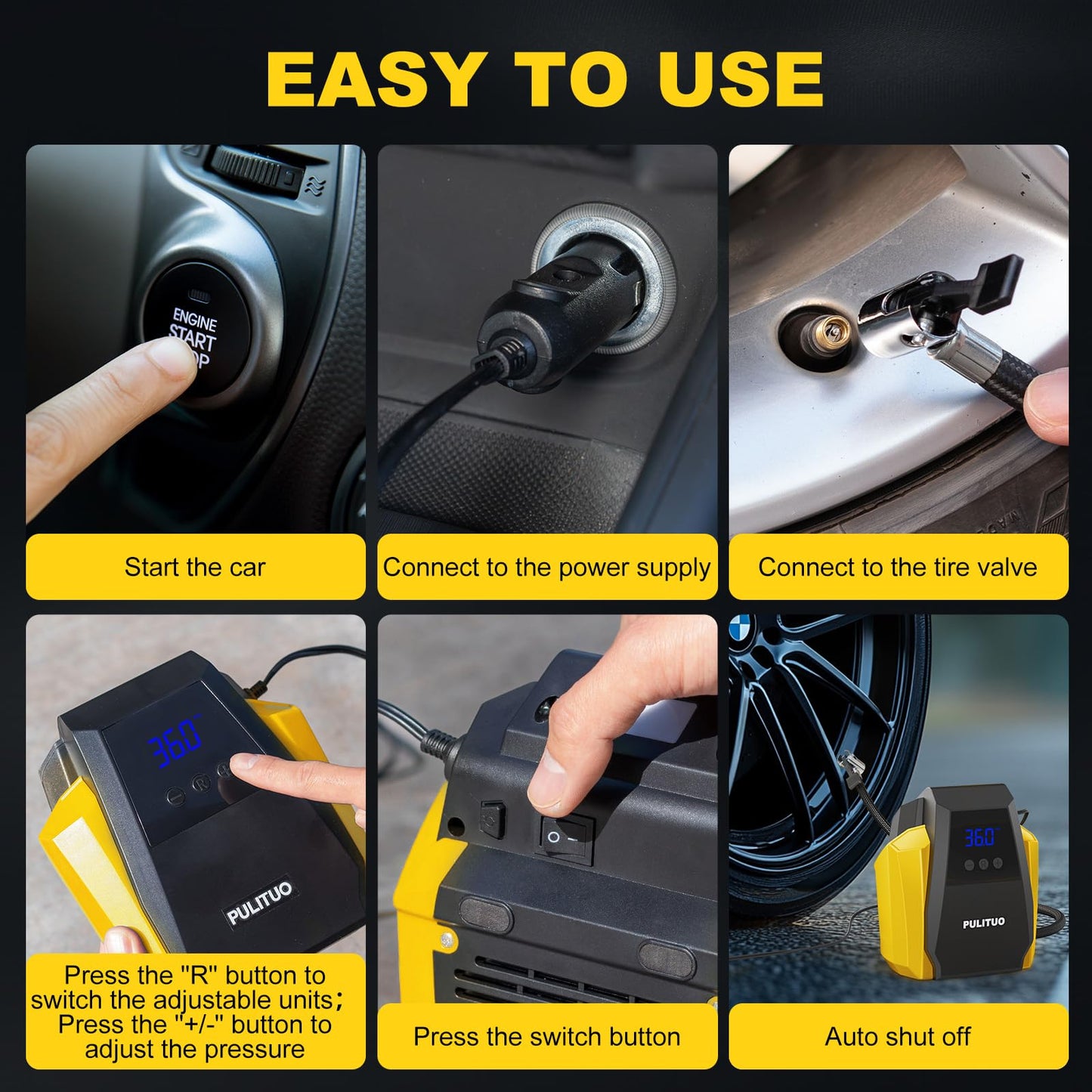 PULITUO Tire Inflator Portable Air Compressor - Car Accessories 12V DC Air Pump for Car Tires with Digital Pressure Gauge, Emergency LED Light for Wheel, Bike, Ball, Motor