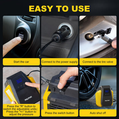PULITUO Tire Inflator Portable Air Compressor - Car Accessories 12V DC Air Pump for Car Tires with Digital Pressure Gauge, Emergency LED Light for Wheel, Bike, Ball, Motor