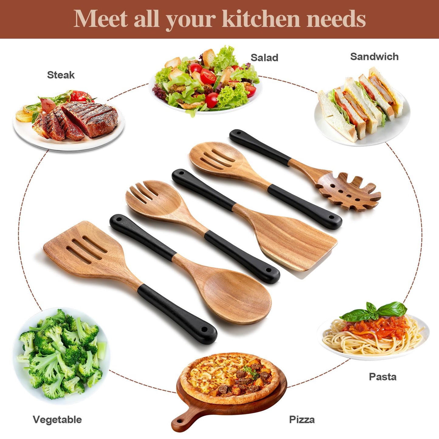 ROSOS Wooden Spoons For Cooking, 6 PCS Natural Acacia Wooden Cooking Utensils or Non-Stick Wooden Kitchen Utensil Set for Kitchen Essentials, Smooth Grip Wooden Spoons with Hanging Hole, Black