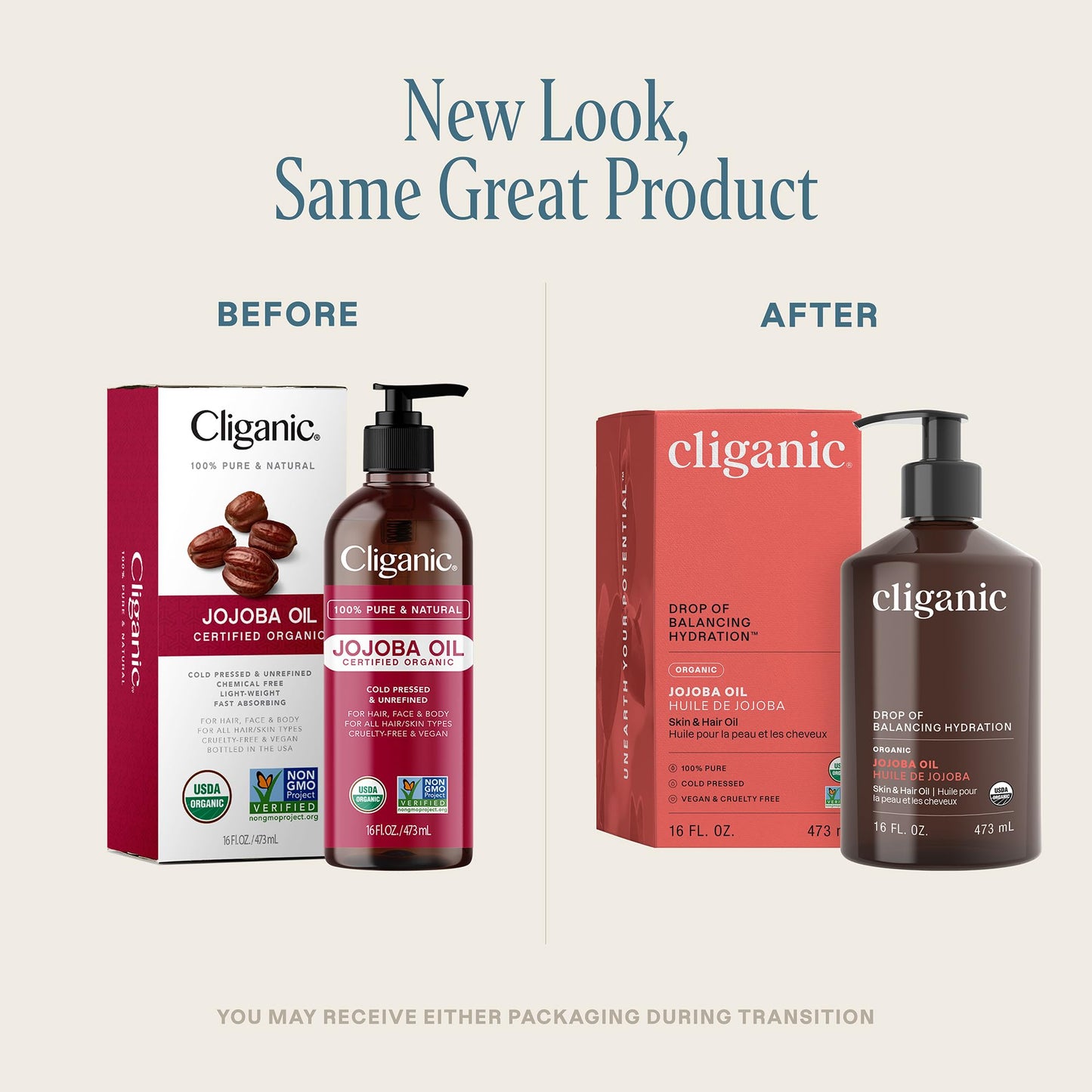 Cliganic Organic Jojoba Oil 16oz with Pump, 100% Pure | Bulk, Moisturizing Oil for Face, Hair, Skin & Nails | Natural Cold Pressed (Packaging May Vary)