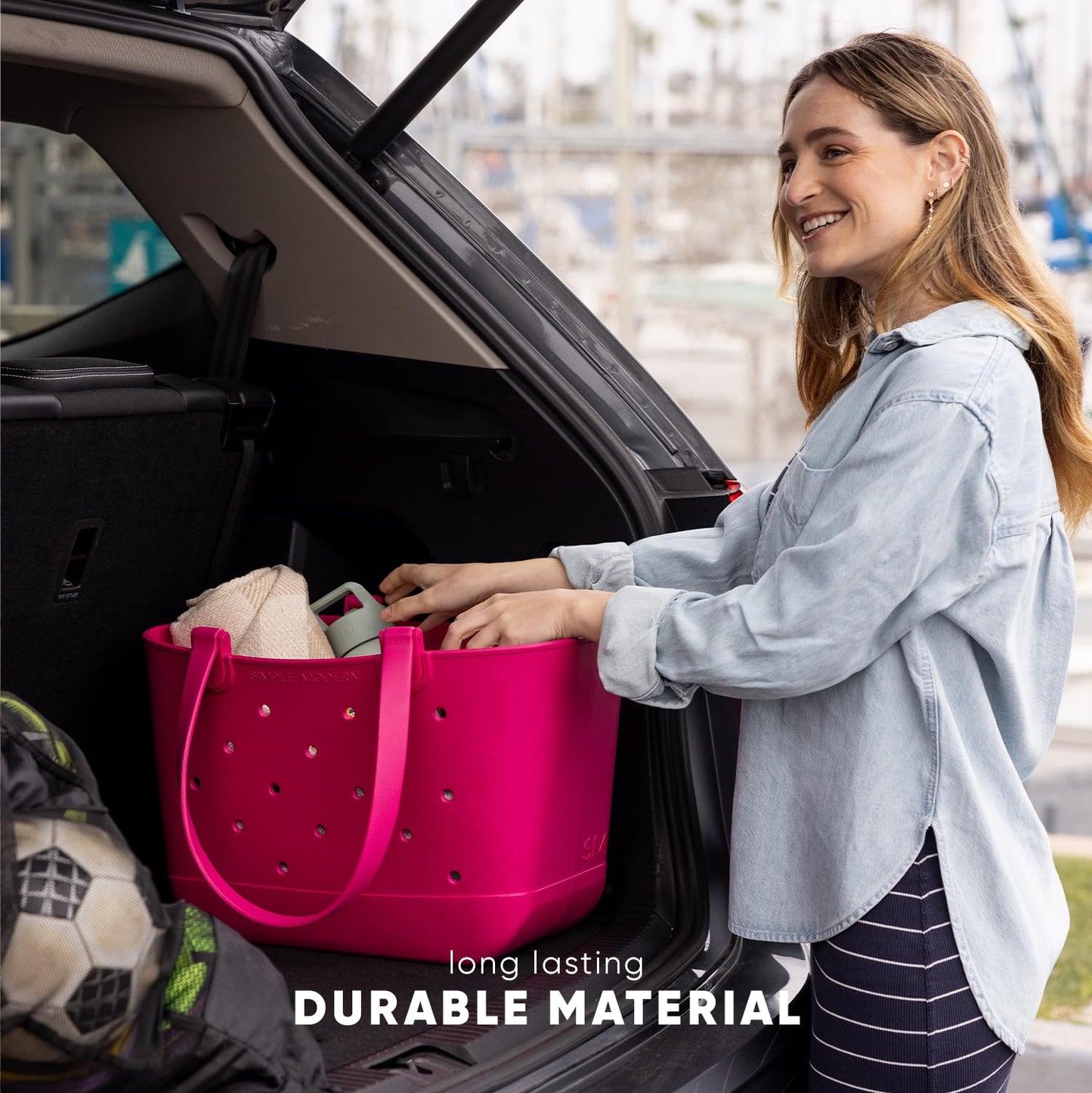 Simple Modern Extra-Large Beach Bag | Waterproof Getaway Rubber Tote with Zipper Pocket for Travel, Pool, Boat, Groceries, Sports | Almond Birch