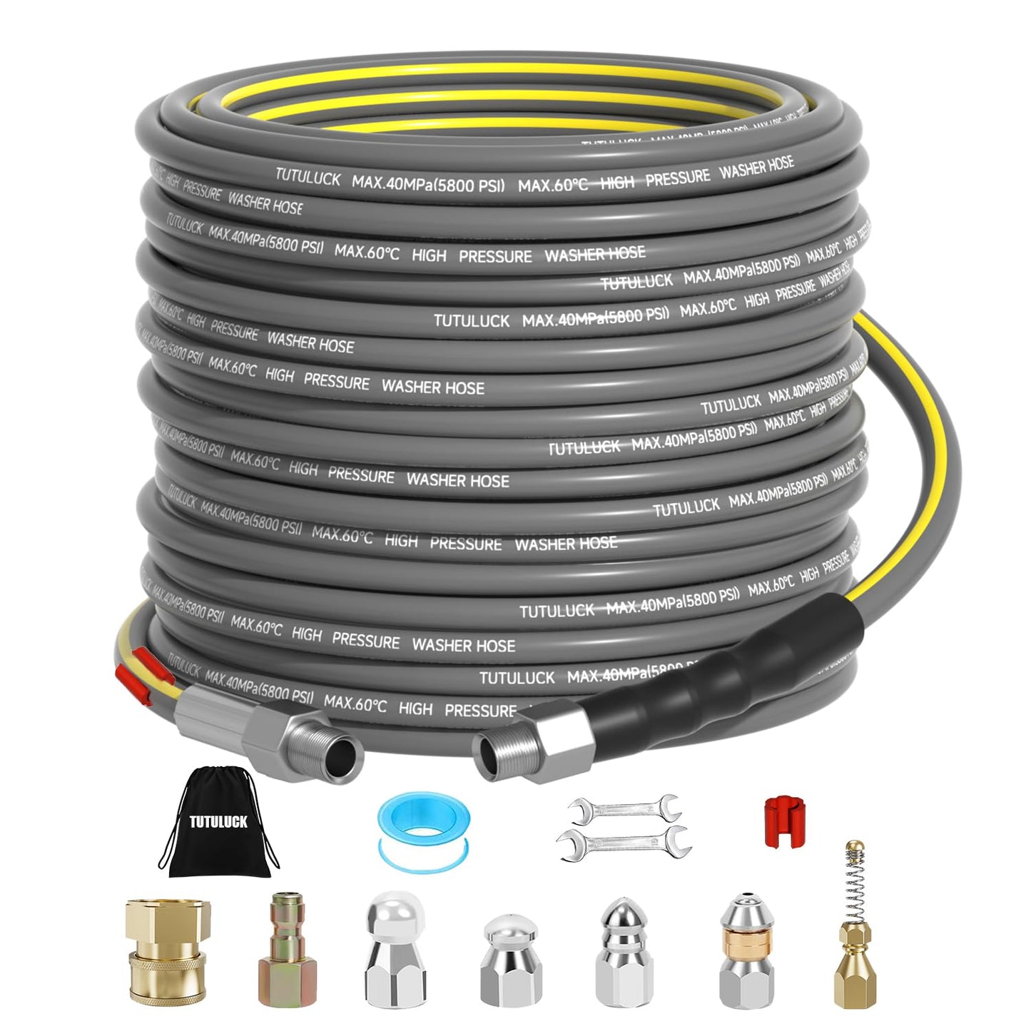 TUTULUCK Sewer Jetter Kit for Pressure Washer 200FT, Drain Cleaner Hose 5800PSI 1/4 Inch NPT Corner with Sewer Cleaning Tool High Pressure Nozzle and Spanner Waterproof Tape