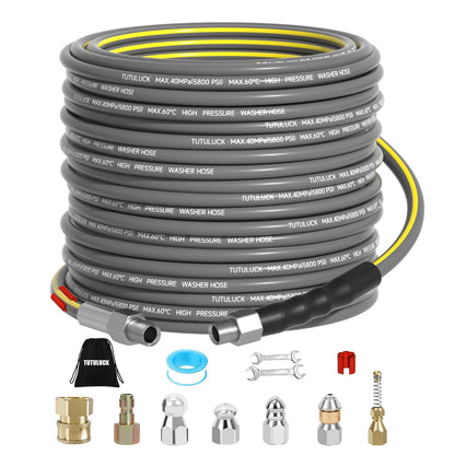 TUTULUCK Sewer Jetter Kit for Pressure Washer 200FT, Drain Cleaner Hose 5800PSI 1/4 Inch NPT Corner with Sewer Cleaning Tool High Pressure Nozzle and Spanner Waterproof Tape