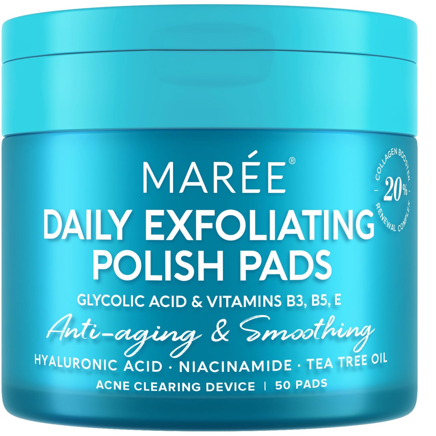 MAREE Glycolic Acid Pads - Toner Pads for Face Cleansing - Exfoliating Pad with Tea Tree Oil, Salicylic Acid & Vitamins E, B3, B5 - Acne Clearing, Skin Pore Resurfacing & Radiance Device - 50 Count