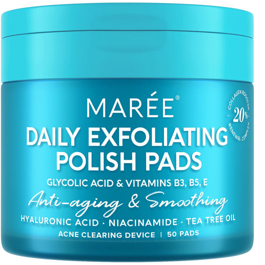 MAREE Glycolic Acid Pads - Toner Pads for Face Cleansing - Exfoliating Pad with Tea Tree Oil, Salicylic Acid & Vitamins E, B3, B5 - Acne Clearing, Skin Pore Resurfacing & Radiance Device - 50 Count