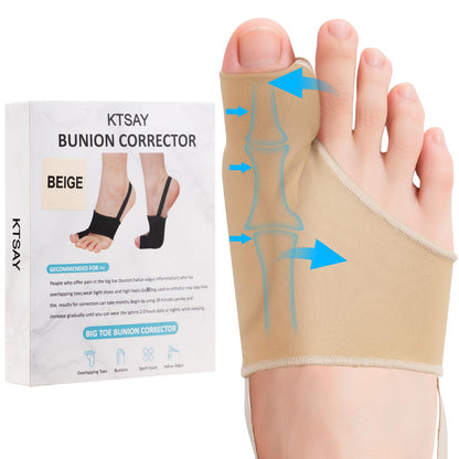 KTSAY 2PCS Bunion Corrector for Women & Men, Big Toe Straightener with Splint & Pads, Comfortable & Breathable for Day/Night Support, Hallux Valgus Pain Relief Non-Slip Socks (1, Beige)