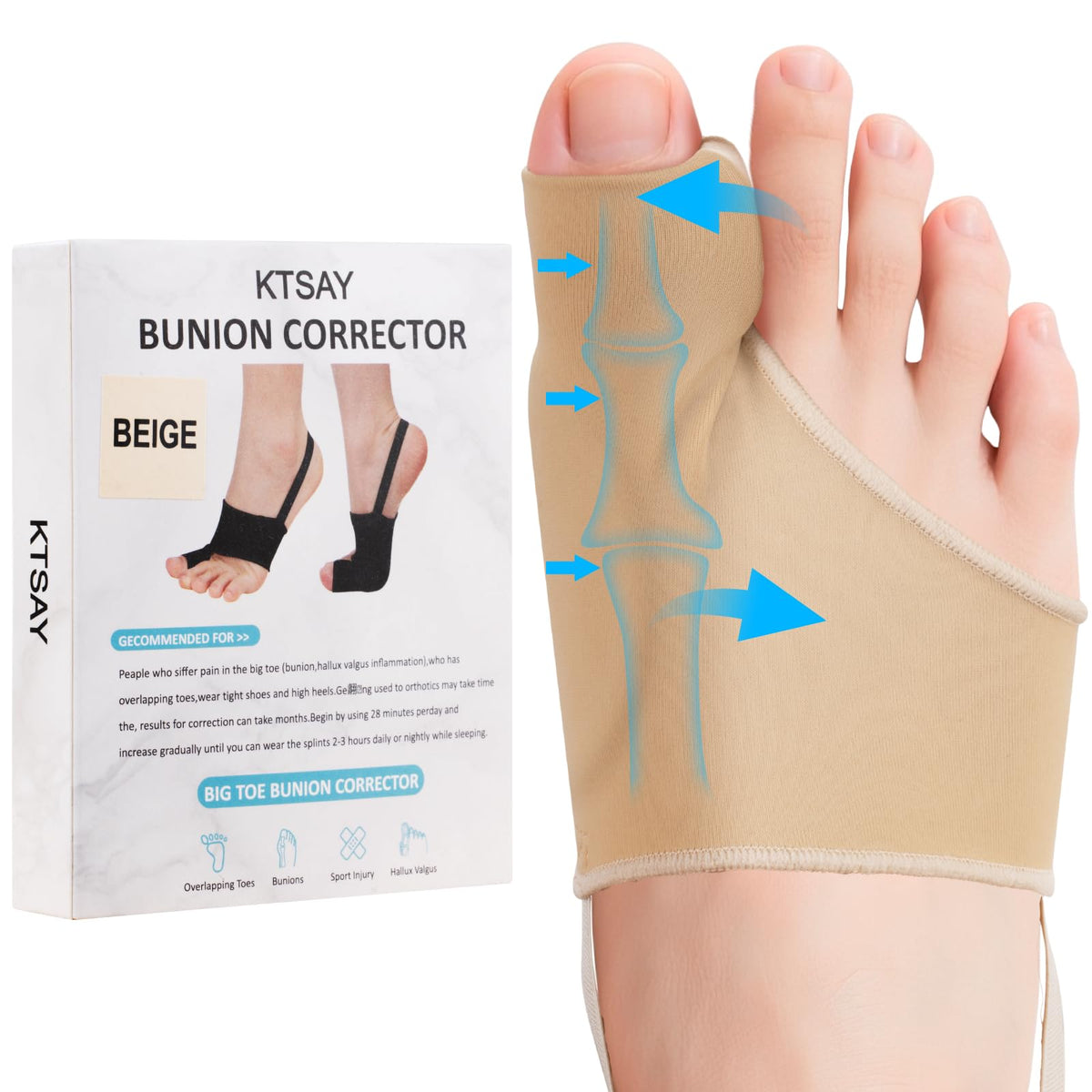 KTSAY 2PCS Bunion Corrector for Women & Men, Big Toe Straightener with Splint & Pads, Comfortable & Breathable for Day/Night Support, Hallux Valgus Pain Relief Non-Slip Socks (1, Beige)