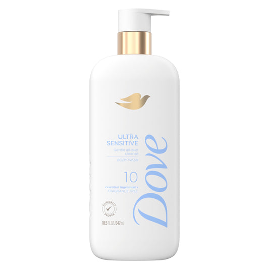 Dove Fragrance Free Body Wash Ultra Sensitive Gentle all-over cleanse 10 essential ingredients 18.5 oz