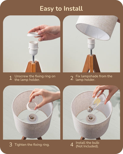 EDISHINE Tripod Table Lamp, Small Cute Bedside Lamp with Linen Beige Lampshade, Nightstand Lamp for Nursery, Bedroom, Kid Room, Living Room, Light Brown Wooden Base, E26 Socket, 14.2 Inch