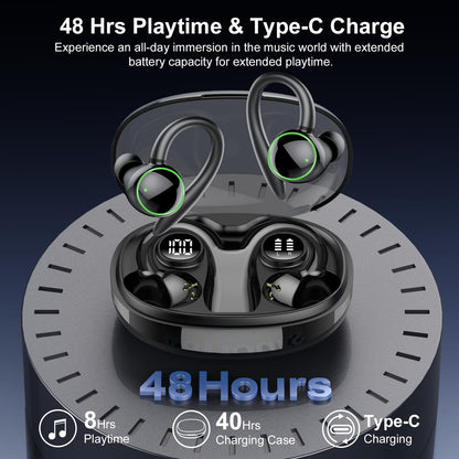 Wireless Earbuds, Bluetooth 5.3 Headphones Sport, Over Ear Buds With ENC Noise Cancelling Mic, 48H, Wireless Earphone With Earhooks, Stereo Deep Bass, IP7 Waterproof Headset for Workout Running, Black