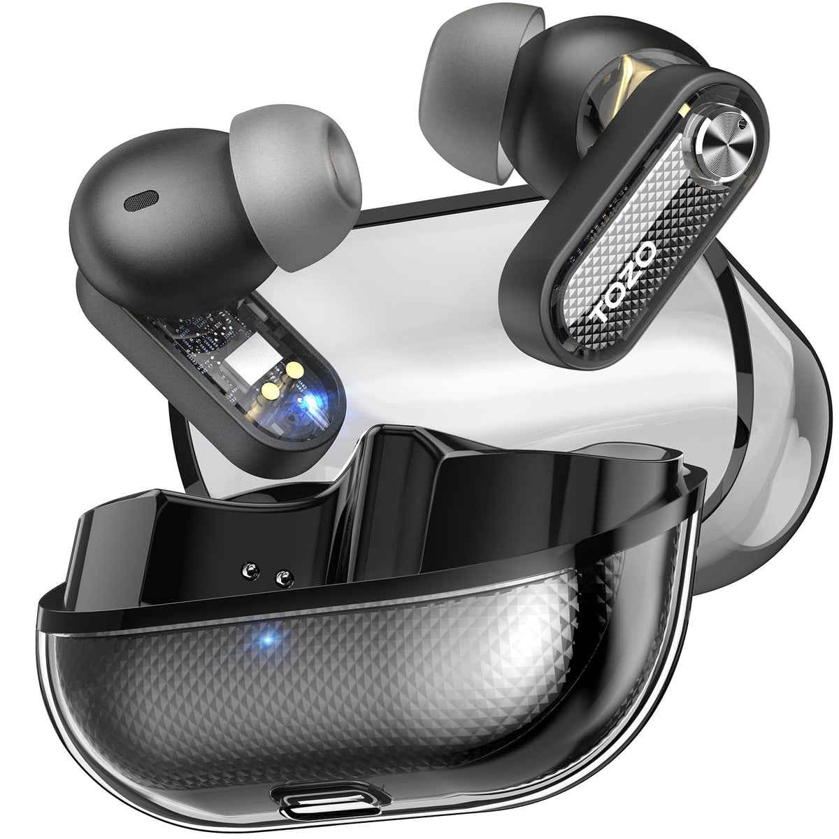 TOZO Crystal Pods Hybrid Active Noise Cancelling Wireless Earbuds, 10mm Drivers Deep Bass, 4 Mics Smart ENC AI Calls, Real-Time AI Translation, 32 EQ via App, Bluetooth 5.4, Crystal Design