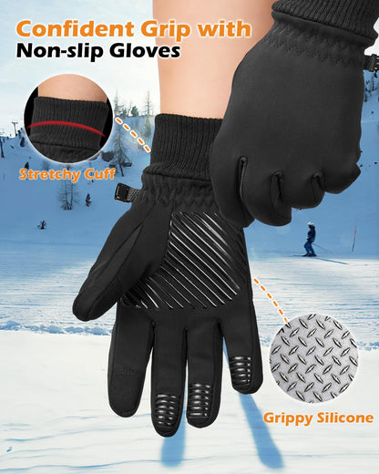 LOUXPERT Winter Waterproof Gloves for Women: Water Proof Touch Screen Gloves for Men Running Hiking, Cold Weather Touchscreen Phone Texting Warm Snow Water Resistant Thermal Black