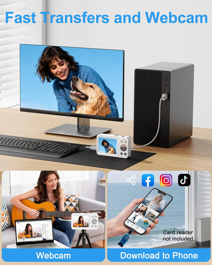 Hoorola 5K Digital Camera, 80MP Dual Screen Autofocus Vlogging Camera, 18X Zoom Point and Shoot Camera for Photography, Flash, 32GB Card, 2 Batteries, Compact Camera for Teens Adults (White)