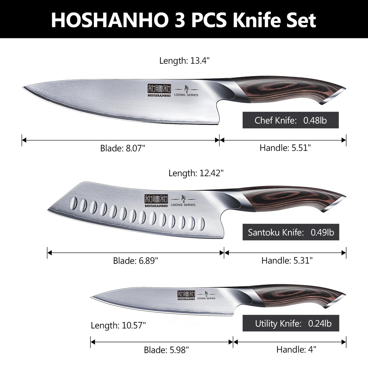 HOSHANHO 3 Pieces Knife Set, Professional Japanese High Carbon Stainless Steel Kitchen Knife Set, Ultra Sharp Chef Knives Sets with Ergonomic Pakkawood Handle