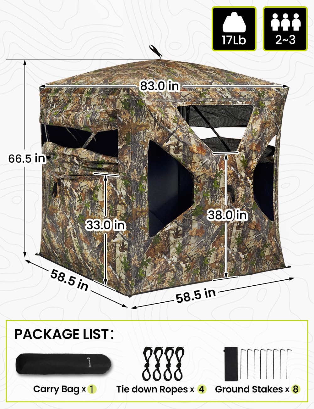 TIDEWE Hunting Blind 270°Full See Through with Windproof Curtain, Silent Magnetic Door & Sliding Windows, 2-3 Person Pop Up Ground Blind with Carrying Bag, 300D Portable Tent(Camouflage)
