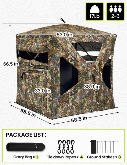 TIDEWE Hunting Blind 270°Full See Through with Windproof Curtain, Silent Magnetic Door & Sliding Windows, 2-3 Person Pop Up Ground Blind with Carrying Bag, 300D Portable Tent(Camouflage)