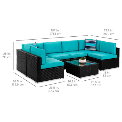 Best Choice Products 7-Piece Modular Outdoor Sectional Wicker Patio Conversation Set w/ 2 Pillows, Coffee Table, Cover Included - Black/Teal