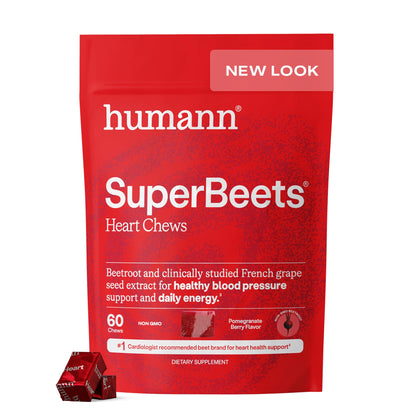 Humann SuperBeets Heart Chews, Nitric Oxide and Blood Pressure Support, Grape Seed Extract & Non-GMO Beet Root Powder Energy Supplement, Pomegranate Berry Flavor, 60 Count