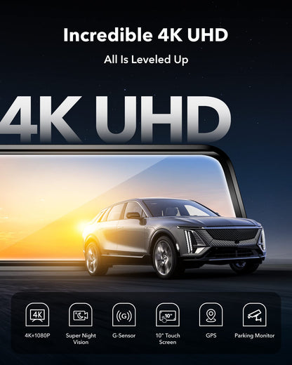 WOLFBOX G930 10'' Rear View Mirror Camera with 5.8GHz WiFi, 4K Dash Cam Front and Rear with WDR, Touch Screen Rearview Mirror Backup Camera, Parking Monitor, Reverse Assist, Includes 64GB Card & GPS