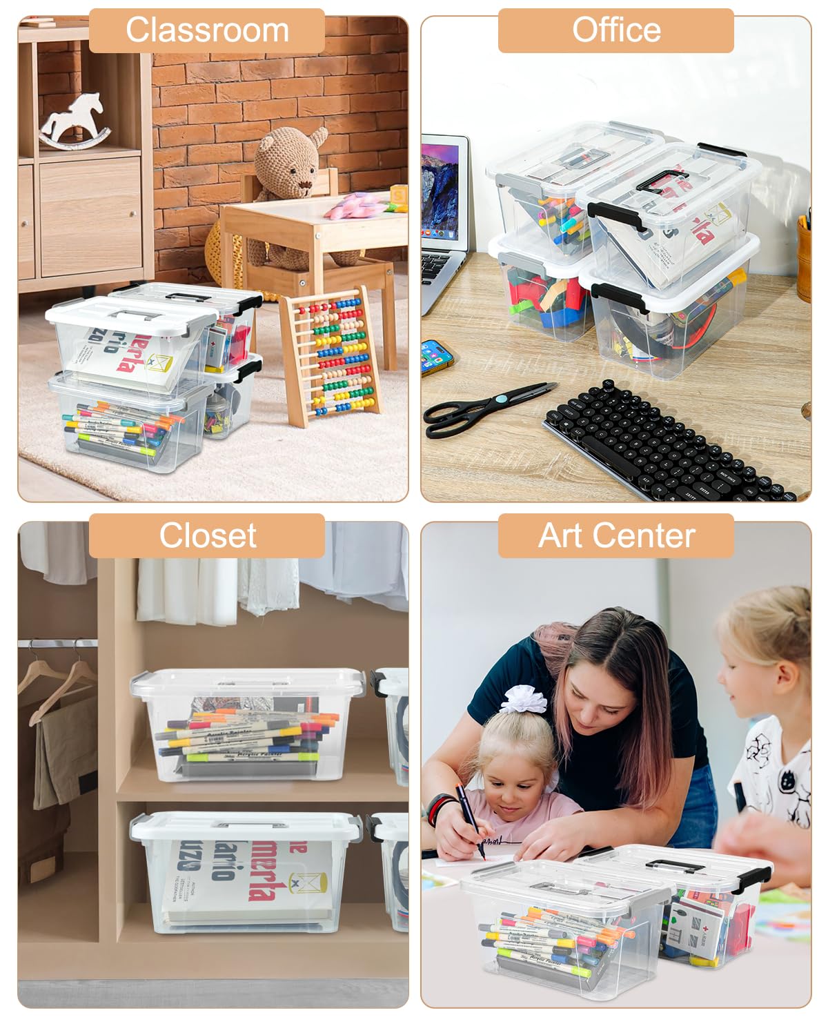 AREYZIN Plastic Storage Bins With Lids,6 Pack Storage Organizer Bins,7 Quart Stackable Storage container with Lid and Gray Handle Buckle Easy for Home Office Organization, with White Lids