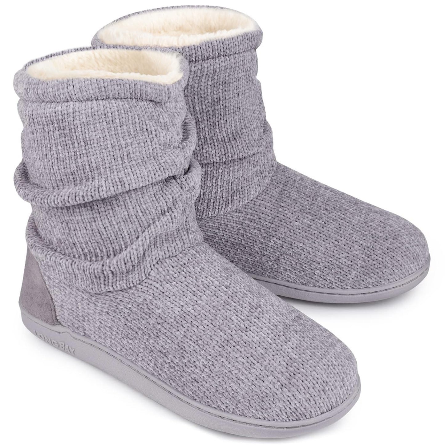 LongBay Women's Chenille Knit Bootie Slippers Cute Plush Fleece Memory Foam House Shoes (Medium / 7-8 B(M), Grey)