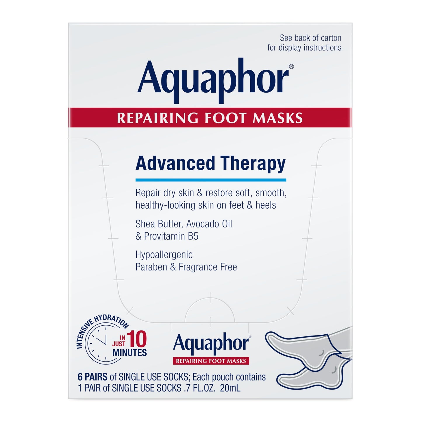 Aquaphor Repairing Foot Masks, Moisturizing Socks for Dry Feet, Hydrating Foot Care Treatment with Avocado Oil and Shea Butter, Pack of 6
