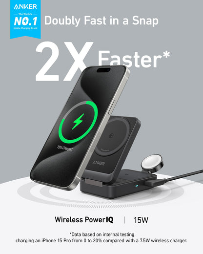 Anker MagGo 3 in 1 iPhone 16 Charging Station, MagSafe-Compatible Wireless Charger Stand, Qi2 Certified 15W Foldable Charger for iPhone 15/14, AirPods, Apple Watch 9 (40W USB-C Adapter Included)
