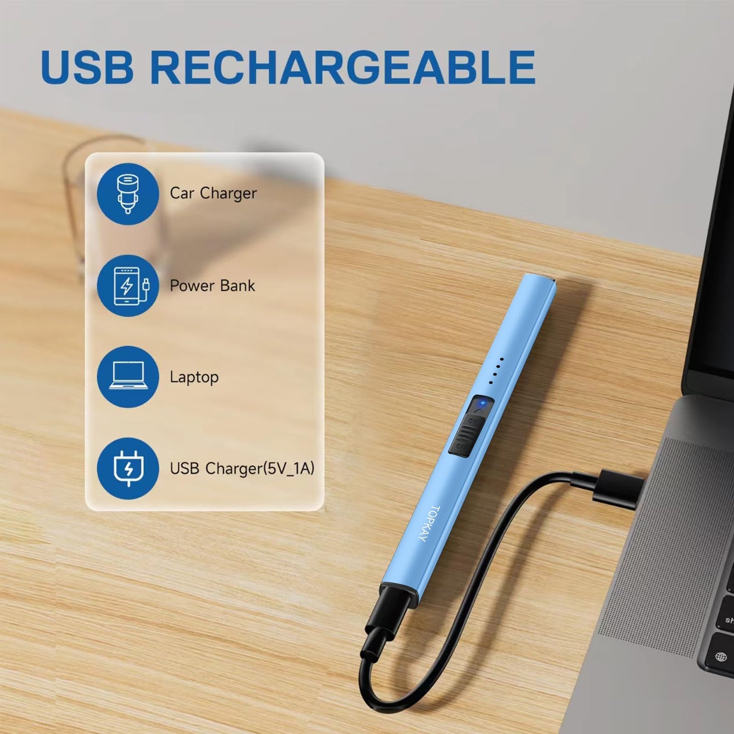 TOPKAY Electric Lighter Candle Lighter Windproof Flameless USB Rechargeable Plasma Arc Long Lighter for Grill Firework Kitchen Camping (Lake Blue)