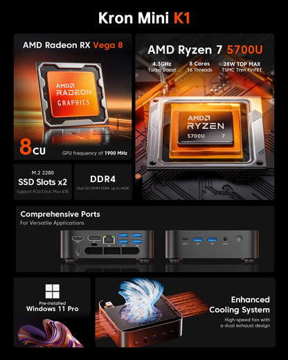 ACEMAGICIAN Kron Mini K1 Mini PC, Ryzen 7 5700U, 32GB DDR4 512GB SSD Mini Computers (8C/16T, up to 4.3Ghz),4K Triple Display Desktop WiFi6/Bluetooth, Compact Silent PC for Light Gaming, Office, Design