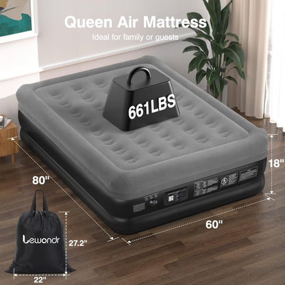 Lewondr Queen Air Mattress with Built in Pump,18" Deluxe Blow Up Mattress Airbed, Comfy Self Inflating Air Mattress, 3Min Fast Inflatable Mattress for Camping, Home, Guests, Travel(661lb MAX), Gray