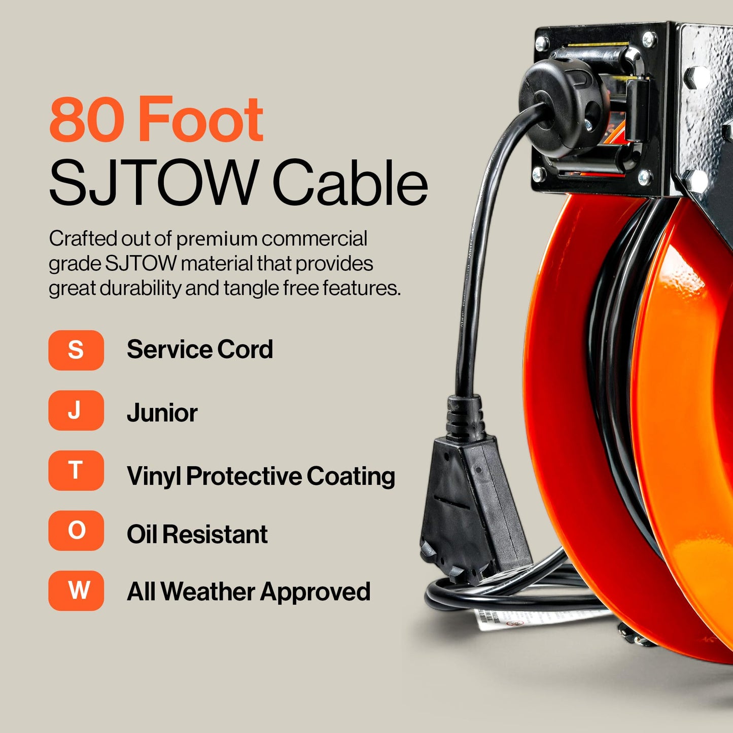 SuperHandy Extension Cord Reel Retractable 12AWG x 80' Foot 3C SJTOW Cable Triple Tap Connector Power Rating 125 Volt AC 15 Amp 1875 Watt Industrial Steel Single Arm