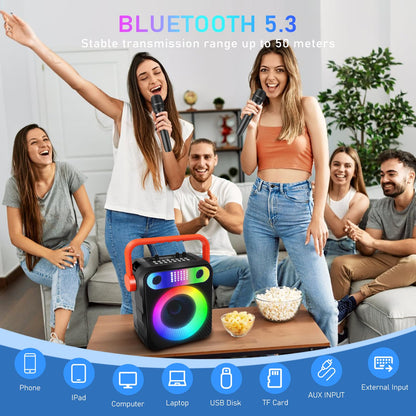 DFTRT Karaoke Machine with Two Wireless Microphones, Portable Bluetooth Speaker with Strobe Lights, Karaoke Machine for Adults & Kids, Karaoke Speaker Supports TF Card/USB, AUX in, FM, REC,TWS