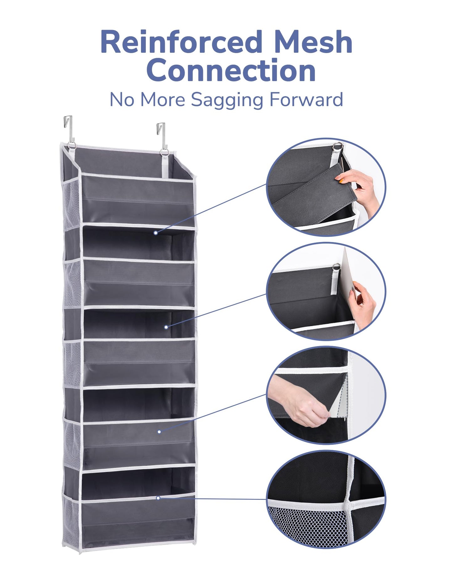 ULG 1 Pack Over Door Organizer with 5 Large Pockets 10 Mesh Side Pockets, 44 lbs Weight Capacity Hanging Storage Organizer with Clear Window Kids Toys, Shoes, Diapers, Dark Grey, 5 Layers