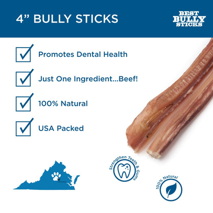 Best Bully Sticks 4 Inch Bully Sticks - 8 oz (Pack of 1) - 100% Natural Grass-Fed, Grain and Rawhide Free, Ideal for Small or Young Canines
