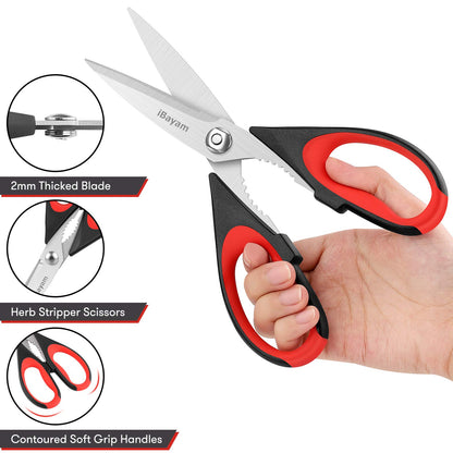 iBayam Kitchen Scissors All Purpose Heavy Duty, Kitchen Utensils Set, Stainless Steel Cooking Utensils Gadgets, Meat Poultry Food Shears Dishwasher Safe Utility Tools Home Gift, with Protective Sheath