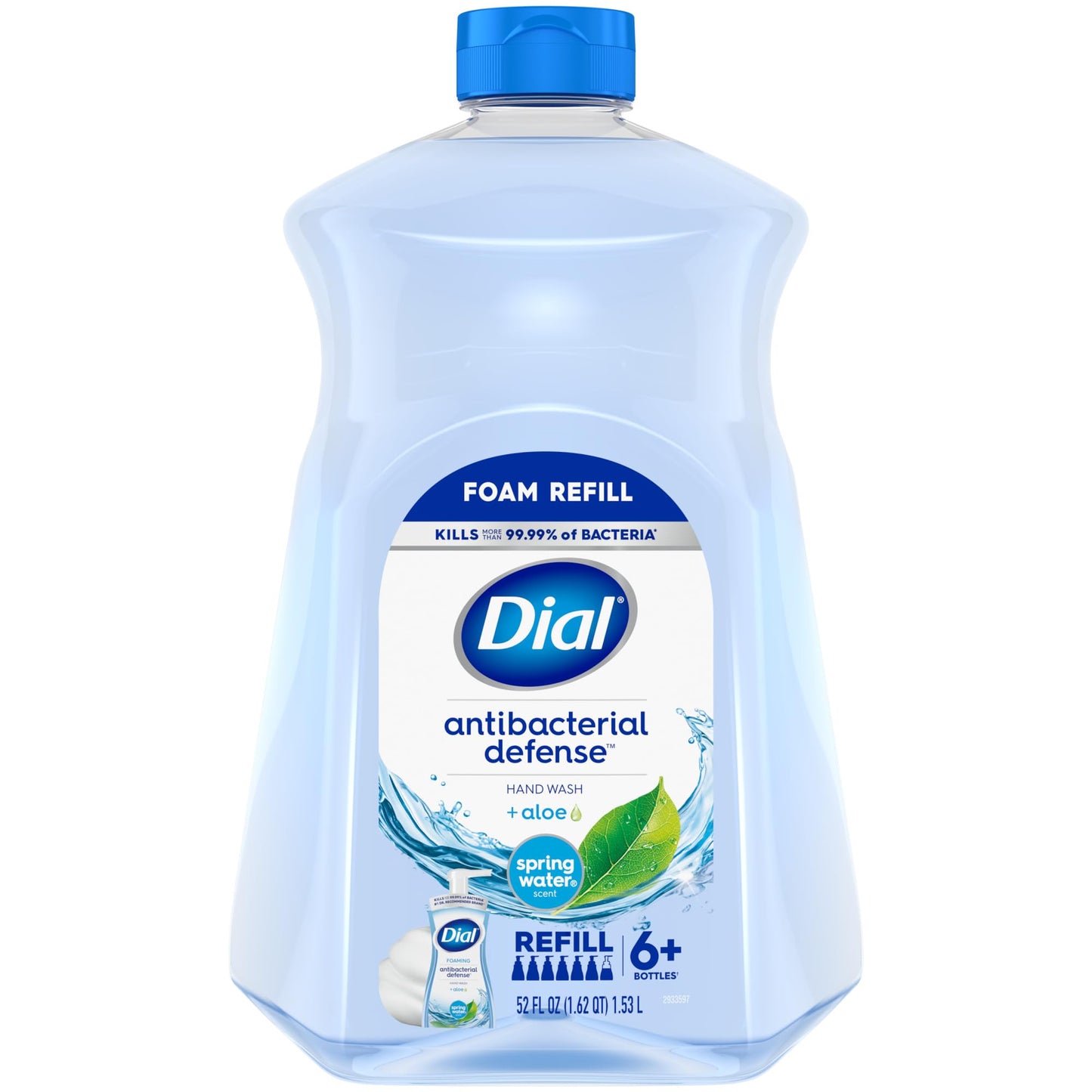 Dial Antibacterial Defense Foaming Hand Soap + Aloe, Spring Water Scent, 52 Fl Oz Hand Soap Refill, Dermatologist-Tested, Gentle on Skin