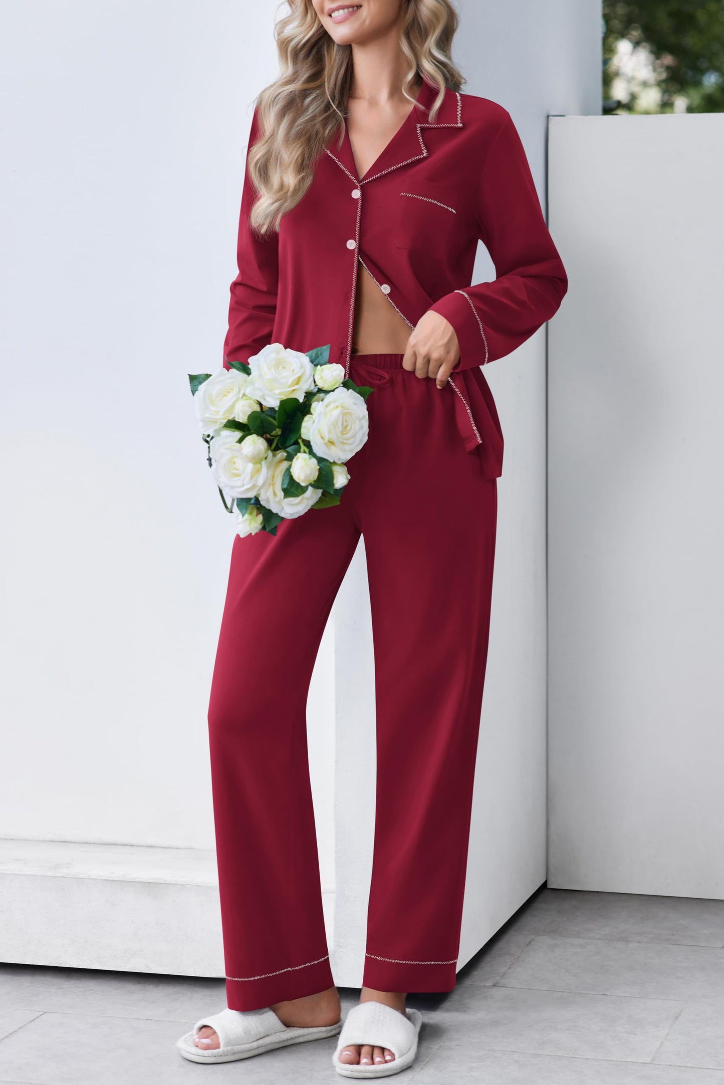 Ekouaer Womens Pajama Sets Cotton PJs 2 Piece Long Sleeve Sleepwear Button Down Tops and Pants Cozy Lounge Set Wine Red XL