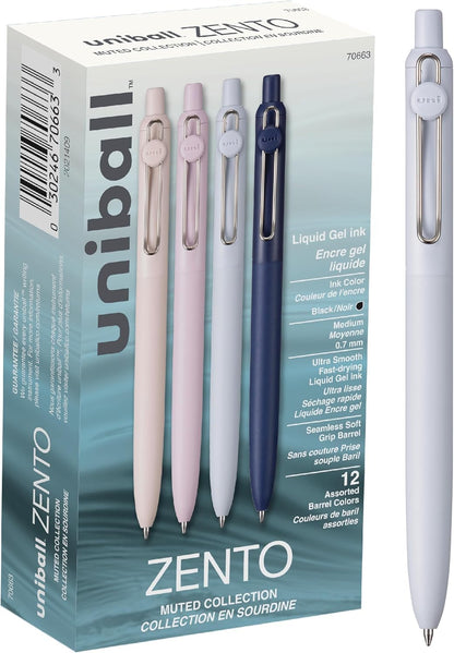 uni-ball Zento Gel Ink Rollerball Pens, 12 Black Medium Point Smooth Writing Pens, Colored Japanese Pens, Muted Colors