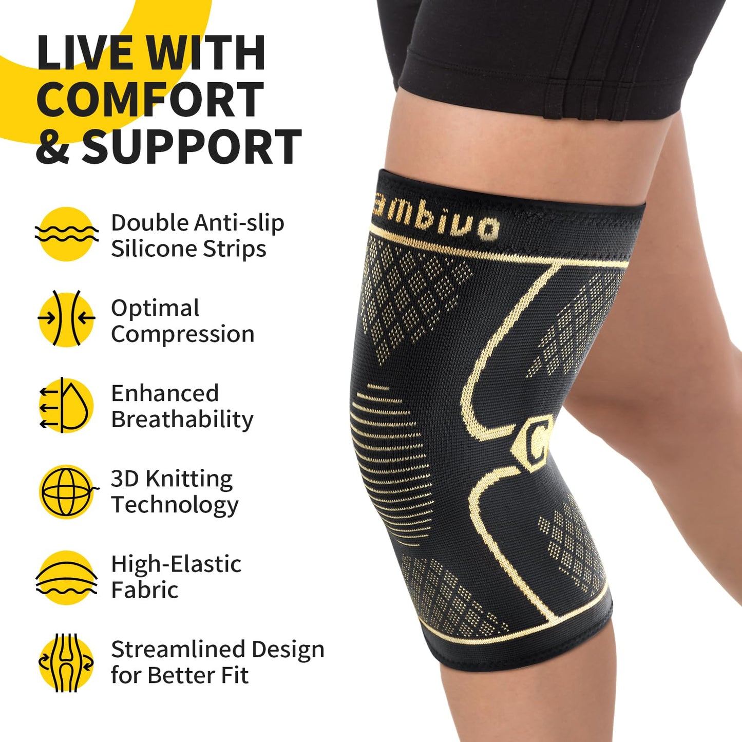 CAMBIVO Copper Knee Braces for Men and Women (2 pack) -Knee Supports Copper Compression Knee Sleeve for Knee Pain, Arthritis, Sports and Recovery Support (Gold, Large)