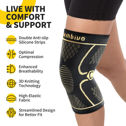 CAMBIVO Copper Knee Braces for Men and Women (2 pack) -Knee Supports Copper Compression Knee Sleeve for Knee Pain, Arthritis, Sports and Recovery Support (Gold, Large)