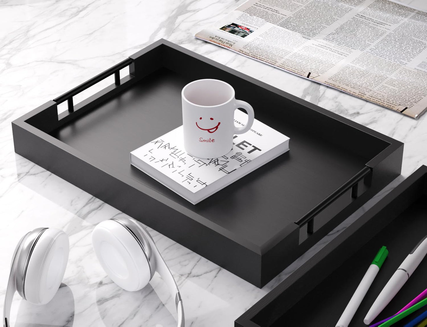 Fibogollo Bamboo Serving Tray with Metal Handles,17x12in Ottoman Decorative Trays Platter for Coffee Table,Living Room,Bar,Party,Large(Black)