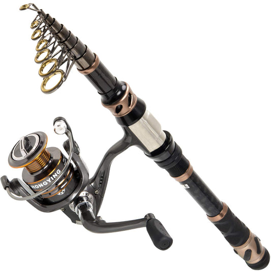 PLUSINNO Fishing Rod and Reel Combos - Carbon Fiber Telescopic Fishing Pole - Spinning Reel 12 +1 Shielded Bearings Stainless Steel BB，Travel Saltwater Freshwater Full Kit 5.91FT