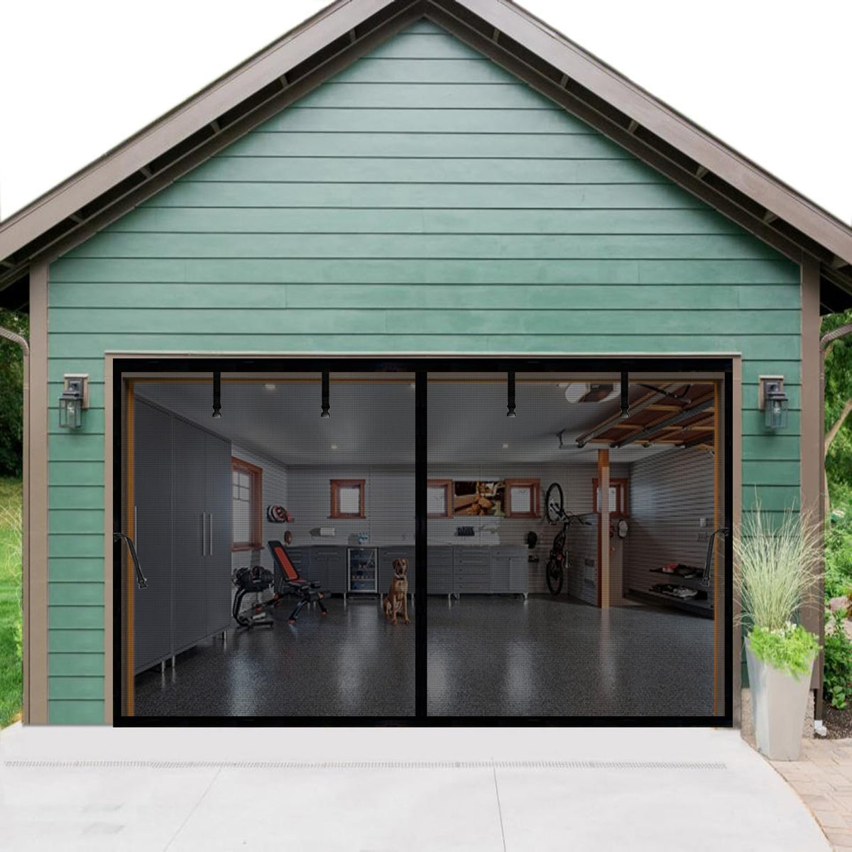Garage Door Screen 14x9ft for 1 Car, Retractable Fiberglass Magnetic Screen Mesh Sliding Doors Curtain, Heavy Duty Weighted Bottom, Easy Assembly &Pass, Hands Free for Garage Patio (Black, 14x9ft)