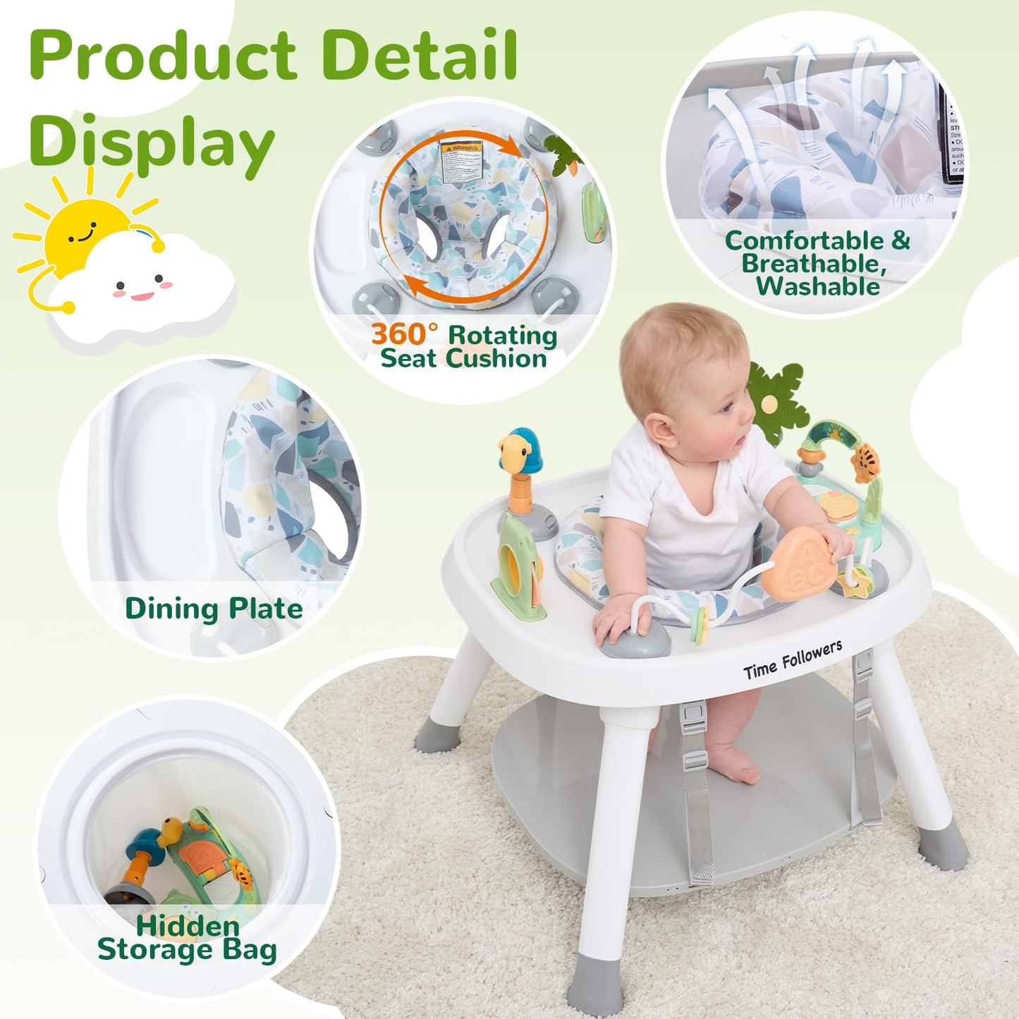 Time Followers® 6-in-1 Baby Activity Center | Jumpers and Bouncers | 4 Stage Grow Stationary Standing Toddler Play Table | Shower Gift | Infant Essential for Baby Ages 6-36Month (Beige)