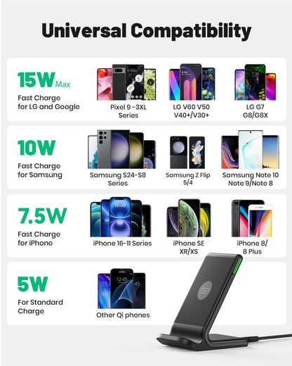 INIU Wireless Charger, 15W Fast Qi-Certified Wireless Charging Station with Sleep-Friendly Adaptive Light Compatible with iPhone 16 15 14 13 Pro XS 8 Plus Samsung Galaxy S25 S24 S23 Note 20 Google etc