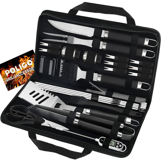 POLIGO 29 PCS BBQ Grill Accessories Stainless Steel BBQ Tools Grilling Tools Set with Storage Bag for Fathers Day Dads Birthday Presents - Camping Grill Utensils Set Ideal Grilling Gifts for Men Women