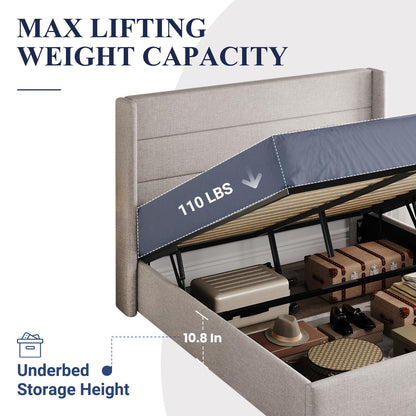 Allewie Queen Size Lift Up Storage Bed, Modern Wingback Headboard, Hydraulic Support, No Box Spring Needed, Light Beige