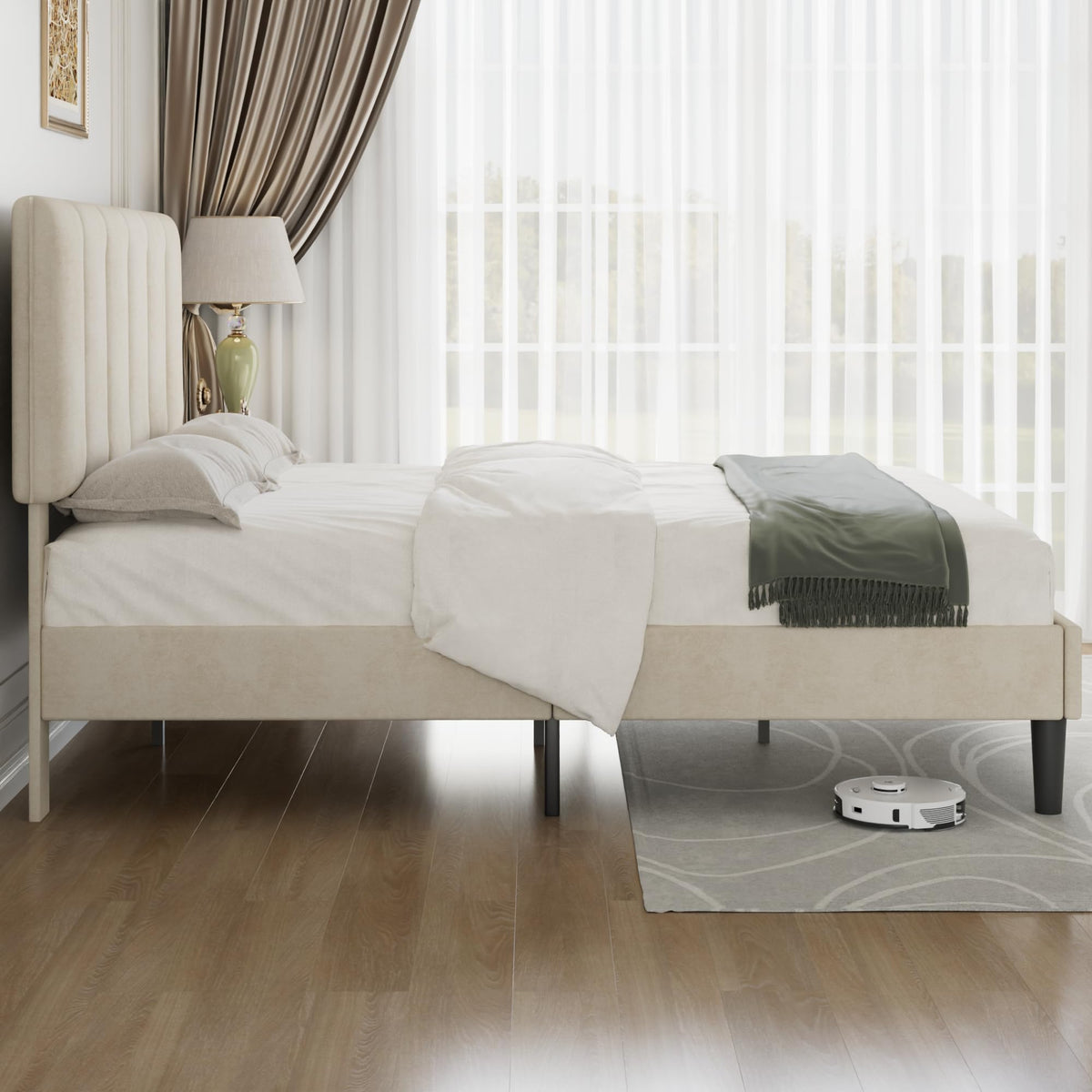 VECELO Queen Size Bed Frame with Upholstered Headboard, Pale Beige
